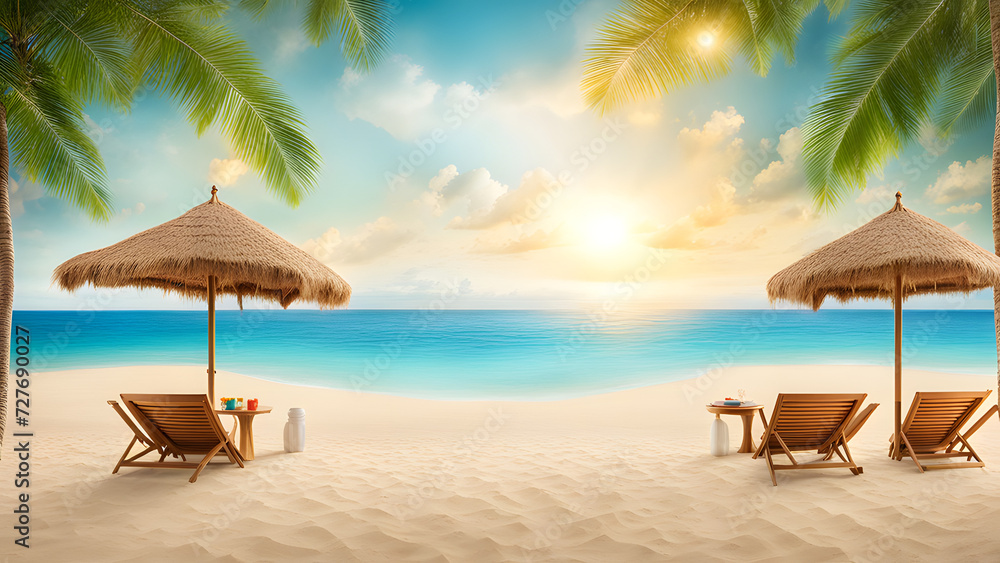 white sandy beach, azure waters, sun umbrellas, and pavilions. Relaxed and vacation-like atmosphere. Ideal for summer events, vacation-themed parties, or product promotions.