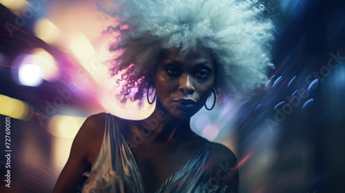 Aged african woman at a party in a night club, blurred neon background