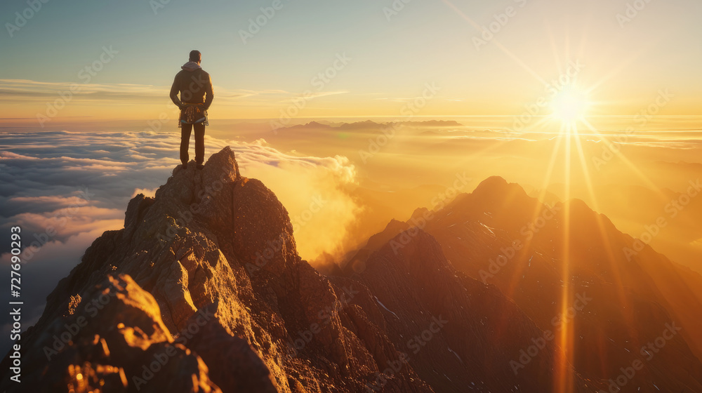 Silhouette of a male climber on a majestic mountain peak with morning sunlight penetrating the morning mist