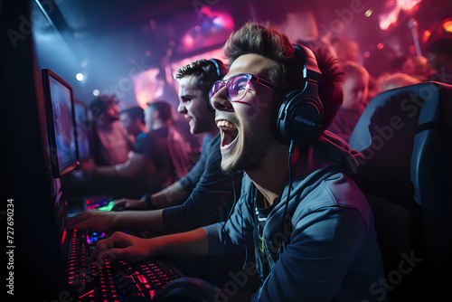 Thrilled Gamers at Intense eSports Competition. Exhilarated gamers immersed in an intense eSports tournament, showcasing the electrifying atmosphere of competitive gaming.
