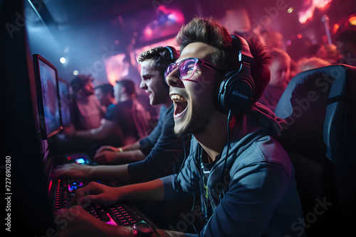 Gamer's Triumph: Capturing the Win at eSports Event. A passionate gamer celebrates a thrilling victory at an eSports gaming event, surrounded by vibrant lighting and an engrossed audience