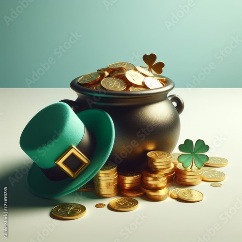 A green leprechaun hat and a pot of gold coins. A St. Patrick’s Day Festive Holiday concept.