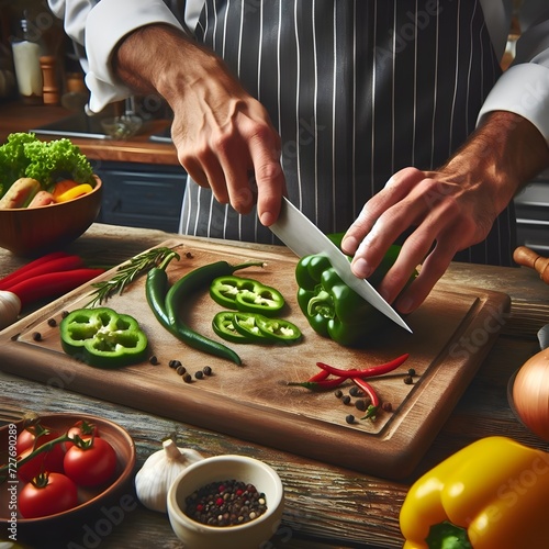 Professional Chef Precisely Chopping Fresh Vegetables in a Commercial Kitchen photo