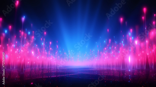 Futuristic Neon Lightscape: Virtual Reality Concept. A mesmerizing virtual reality landscape with vibrant neon lights shooting upwards, ideal for illustrating technology, VR, and futuristic