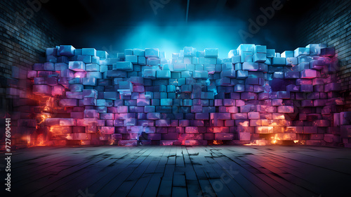 Neon-Illuminated Ice Blocks in Warehouse. A dramatic scene with ice blocks bathed in neon lights inside a dim warehouse, perfect for creative concepts and atmospheric backdrops. photo