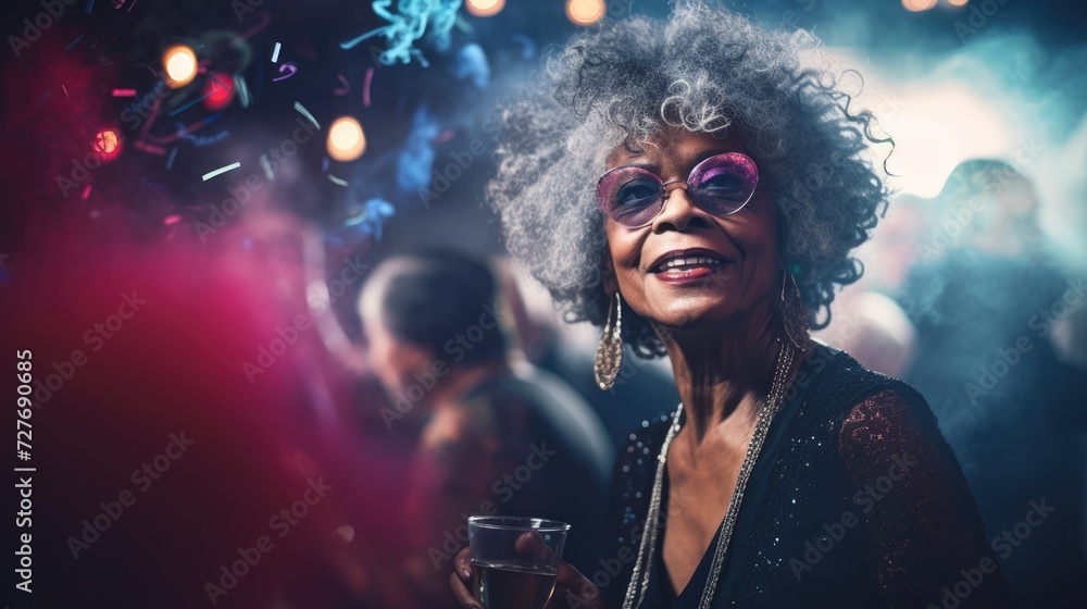 Aged african woman at a party in a night club, blurred neon background