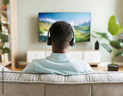 Rear view man sitting home watching tv interior living room with over ear headphones