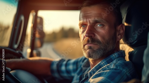 Headshot of serious pensive middle aged mature male truck driver sitting in his cabin driving on sunny day at work in his cabin © NickArt