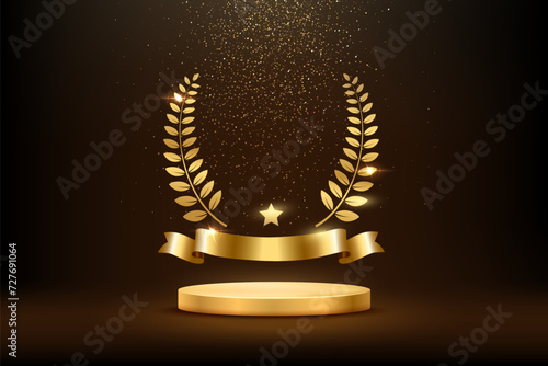 Gold award round podium with laurel wreath, ribbon, star, shiny glitter and sparkles isolated on dark background. Vector golden symbol of victory, achievement, success, rewarding of winner