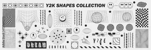 Abstract geometry wireframe shapes and patterns, cyberpunk elements, signs and perspective grids. Surreal geometric retro signs. Rave psychedelic futuristic Y2k acid aesthetic set. Vector illustration