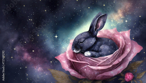 Watercolor bunny sleeping in a rose among the stars, galaxy background, illustration for children’s book photo