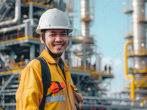 A young Indonesian male petroleum engineer in his mid 30s with a portion of an upstream oil and gas production facilities as a background.