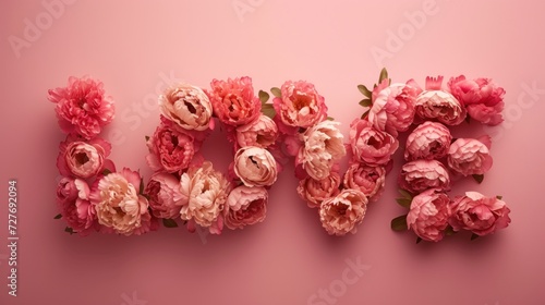 Artistic Floral Arrangement Spelling LOVE Against a Pink Background