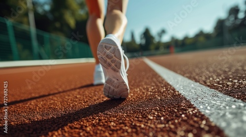 Athlete legs close up at sport stadium. Female runner prepare for jog. Jogger workout. Woman run race track athletic arena. Girl training outdoor racetrack. Sneakers closeup. Active person lifestyle.