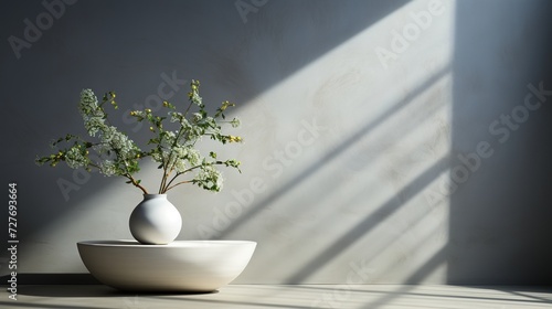 A minimalist composition with a white vase and delicate greenery casting shadows on a wall, ideal for themes of simplicity, elegance, and interior design.