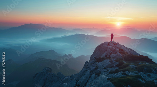 A climber on a mountain peak with the sun peeking over the horizon casting magical light over a wild and vast landscape
