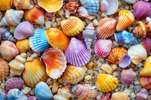 Vibrant Sea Shell Texture: Small Colorful Shells on Beach Background
