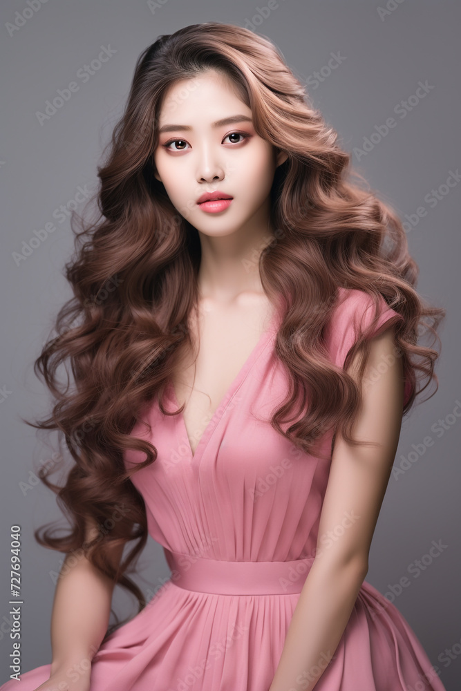 Naklejka premium Young Beautiful Model Girl With Long Hair Wearing Pink Color Dress, Smooth Brunette Hairstyle Model, Cute, Innocent, and Attractive Looks Isolated Background, Product Model Advertising, Generative AI.