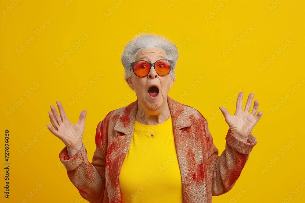 Senior woman in yellow clothe standing with her arms raised and looking excited. closeup face old woman with grimace of horror in fear, open mouth, shocked by news, threw up her hands, thinks about pr - obrazy, fototapety, plakaty 