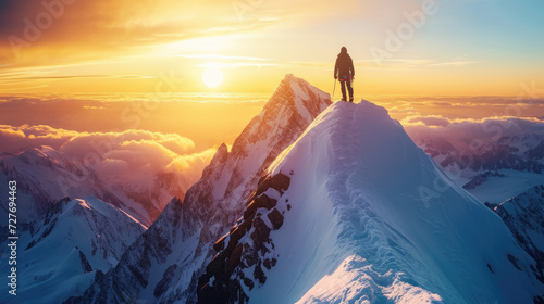 A male climber at the peak with the sparkling light of the rising sun © boxstock production