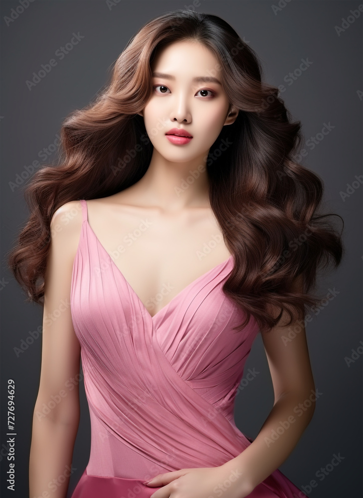 Young Beautiful Model Girl With Long Hair Wearing Pink Color Dress, Smooth Brunette Hairstyle Model, Cute, Innocent, and Attractive Looks Isolated Background, Product Model Advertising, Generative AI.