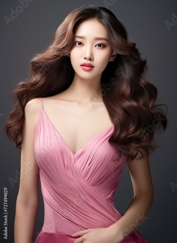 Young Beautiful Model Girl With Long Hair Wearing Pink Color Dress, Smooth Brunette Hairstyle Model, Cute, Innocent, and Attractive Looks Isolated Background, Product Model Advertising, Generative AI.