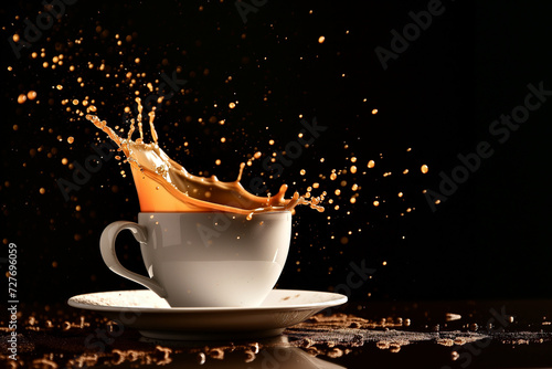 splashing coffee. Coffee with splash of black coffee form White Cup. cup of splashing coffee isolated on black.