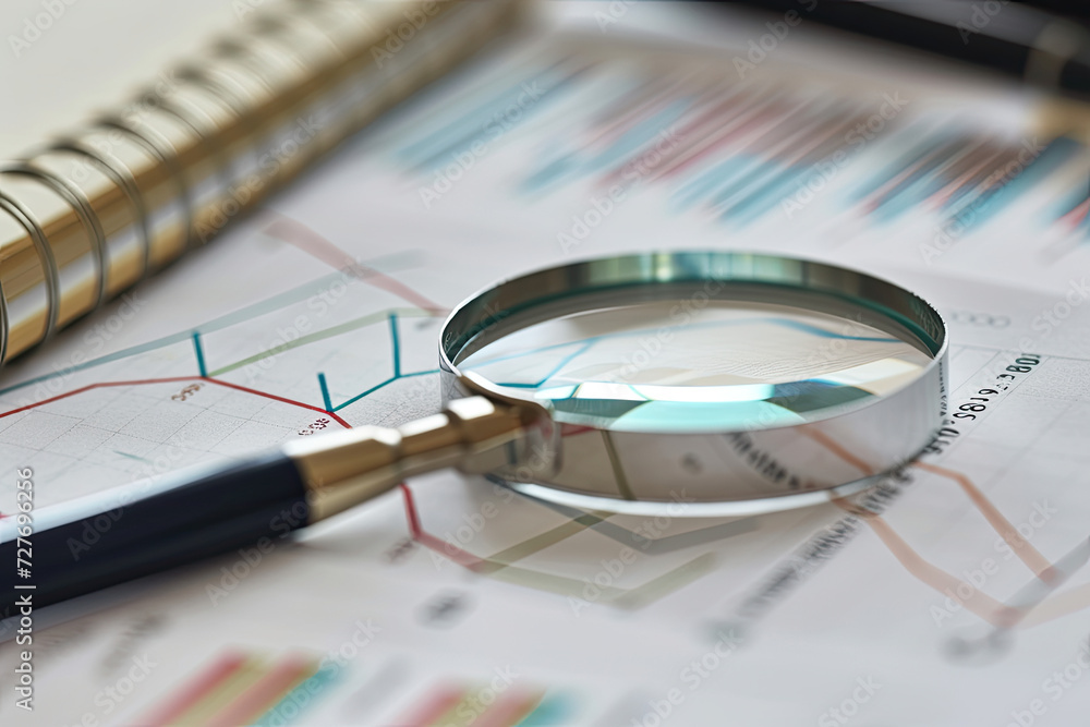 Magnifying glass on statistics concept. Analyzing Financial Strategies: Business Audit, Stock Management, Data Analysis, and Profit Research with Graphs Magnifying glass on statistics concept. Analyzing Financial Strategies: Business Audit, Stock Management, Data Analysis, and Profit Research with Graphs
