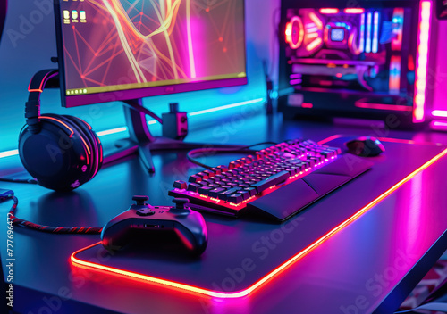 Computer for gaming Gaming equipment, black table, colorful neon lights, gaming space