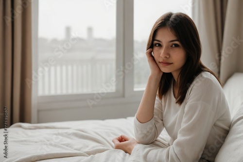 Young woman sitting on the bed with a morning headache with copy space. Yoman with a painful expression in the morning.