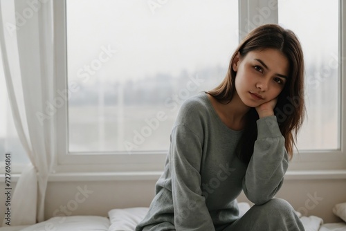 Free Download Young woman sitting on the bed with a morning headache with copy space. Yoman with a painful expression in the morning. - GFXLoad