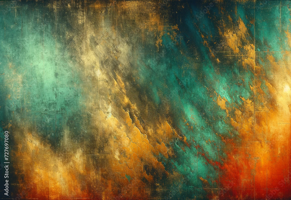 textured abstract background with a gradient of colors ranging from deep teal at the bottom to golden yellow at the top.  - obrazy, fototapety, plakaty 