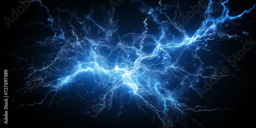 Blue electricity splash on black background. Generative ai photo