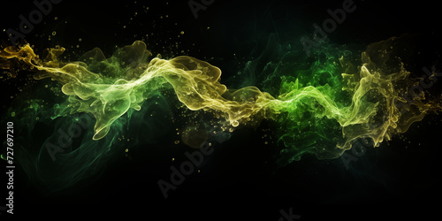 A bright splash explosion of a green color victorious light flash with golden particles on a black background