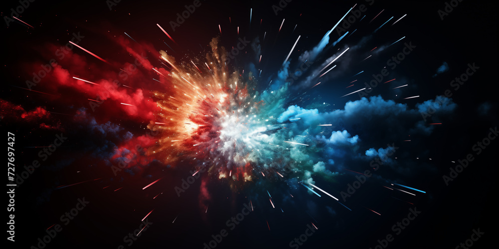 A bright splash explosion of a three-color victorious light flash with golden particles on a black background. Generative ai A bright splash explosion of a three-color victorious light flash with golden particles on a black background. Generative ai