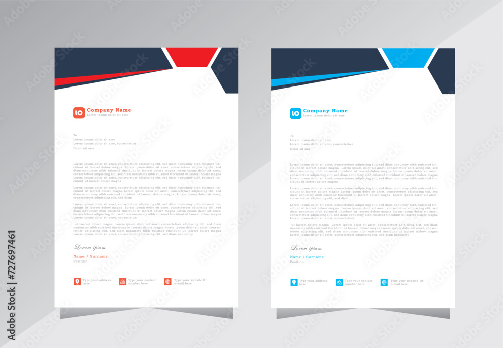 Letterhead design template set. official minimal creative abstract professional newsletter corporate modern business proposal letter head design set with red and blue color.