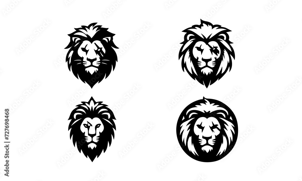 lion face having scar on right eye mascot logos set  , black and white lion mascot logos set 02