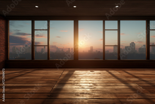 Spacious room with wooden floors, large windows showcasing a sunset cityscape. Concept: real estate, spacious living, yoga studio. Copy space.