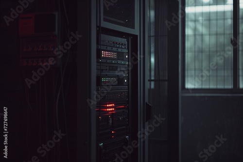 Server rack in shadowed room, glowing with the lifeblood of modern data flow.