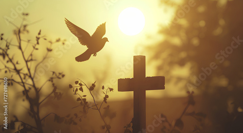 A dove flying over a Christian cross, concept of peace and resurrection, religious background for easter and christmas