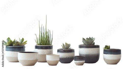 A set of handcrafted ceramic planters, in various sizes, on a white solid background. 