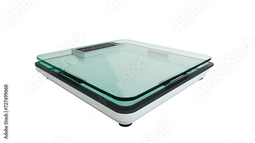 A sleek, digital bathroom scale with a glass top, on a white solid background. 