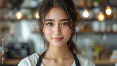 Young asia woman barista smiling in coffee shop, Startup successful small business in coffee shop restaurant