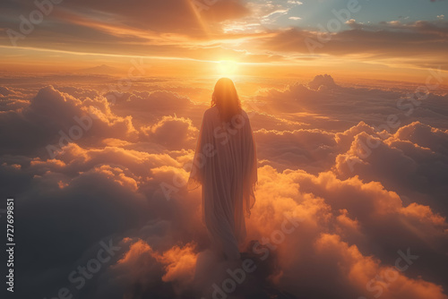 Back view of Jesus christ ascending to heaven above the bright light sky, Heaven and Second Coming concept © Atchariya63