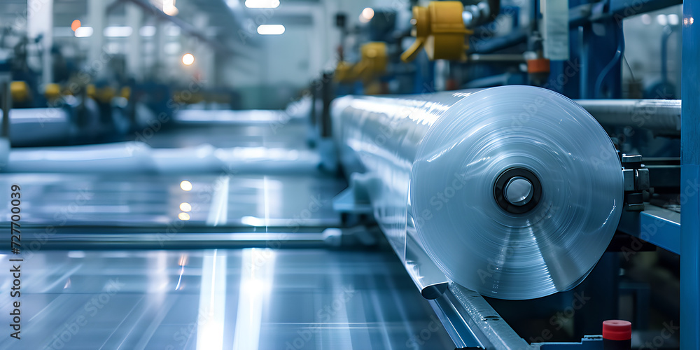 A roll of industrial plastic film on production equipment. A roll of industrial plastic film on production equipment.
