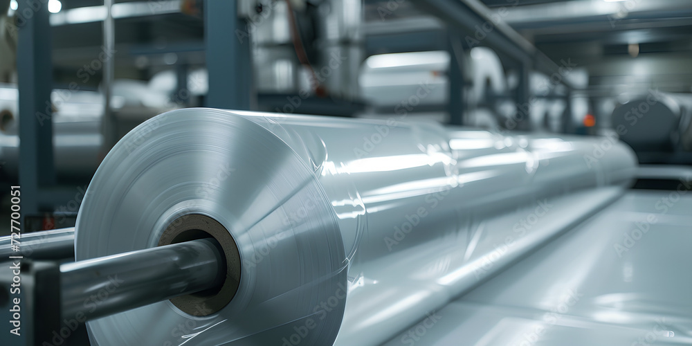 A roll of industrial plastic film on production equipment. A roll of industrial plastic film on production equipment.
