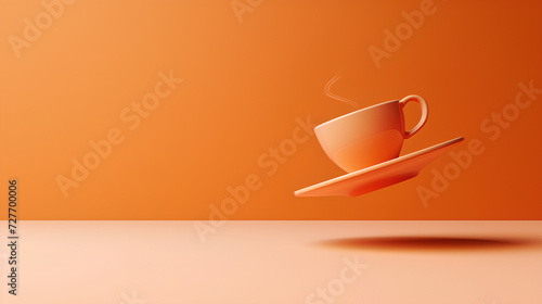 A cup of coffee with a saucer and steam hovers in the air in peach tones. photo