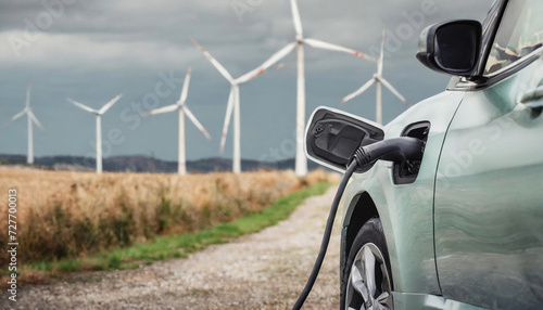 Electric car being charged in front of wind farm green energy