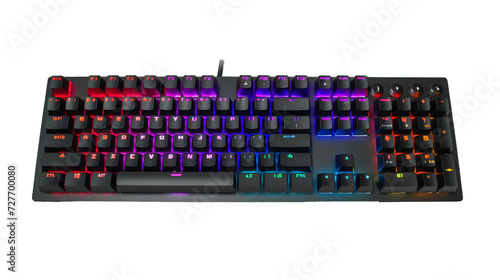 A high-end mechanical keyboard with RGB lighting  on a white solid background. 