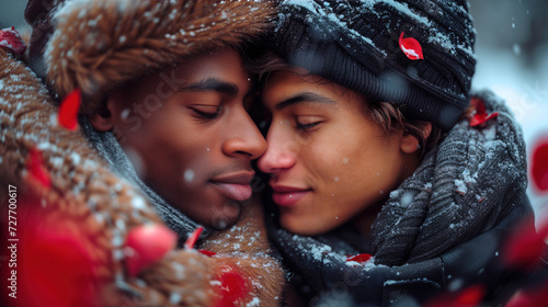 Portait d'un couple gay en extérieur sous la neige photo